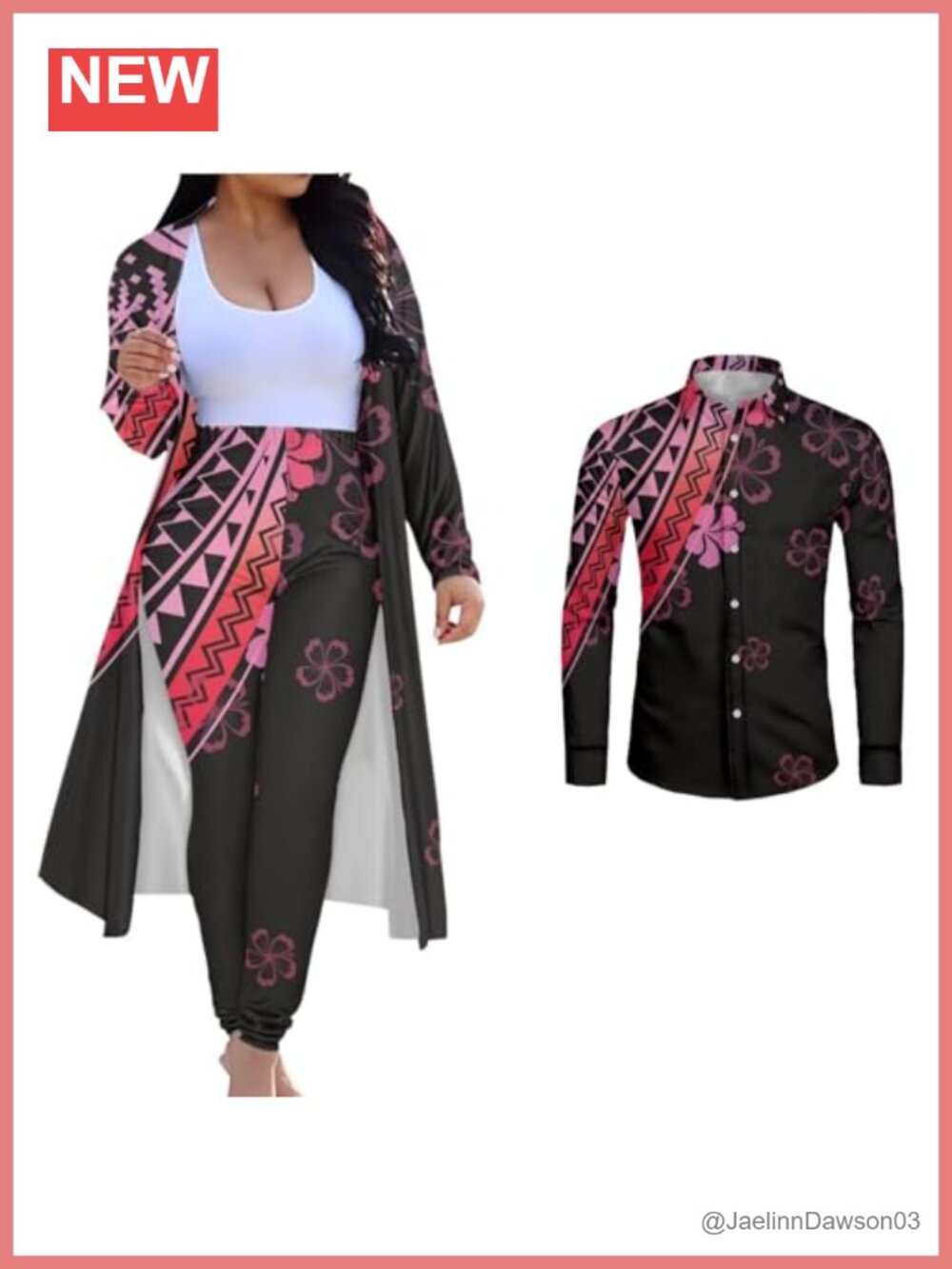 Polynesian Tribal Print 2 Piece Pant Set Long Sleeve Cardigan